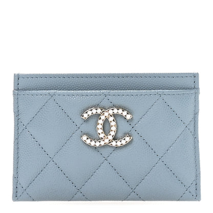 Chanel Caviar Quilted Crystal Card Holder Light Blue 1 of 9