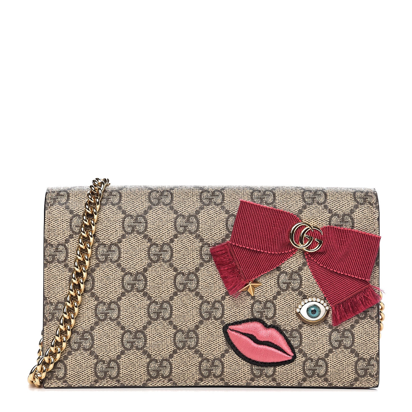 GG Supreme Monogram Face Embroidered Chain Wallet Pink