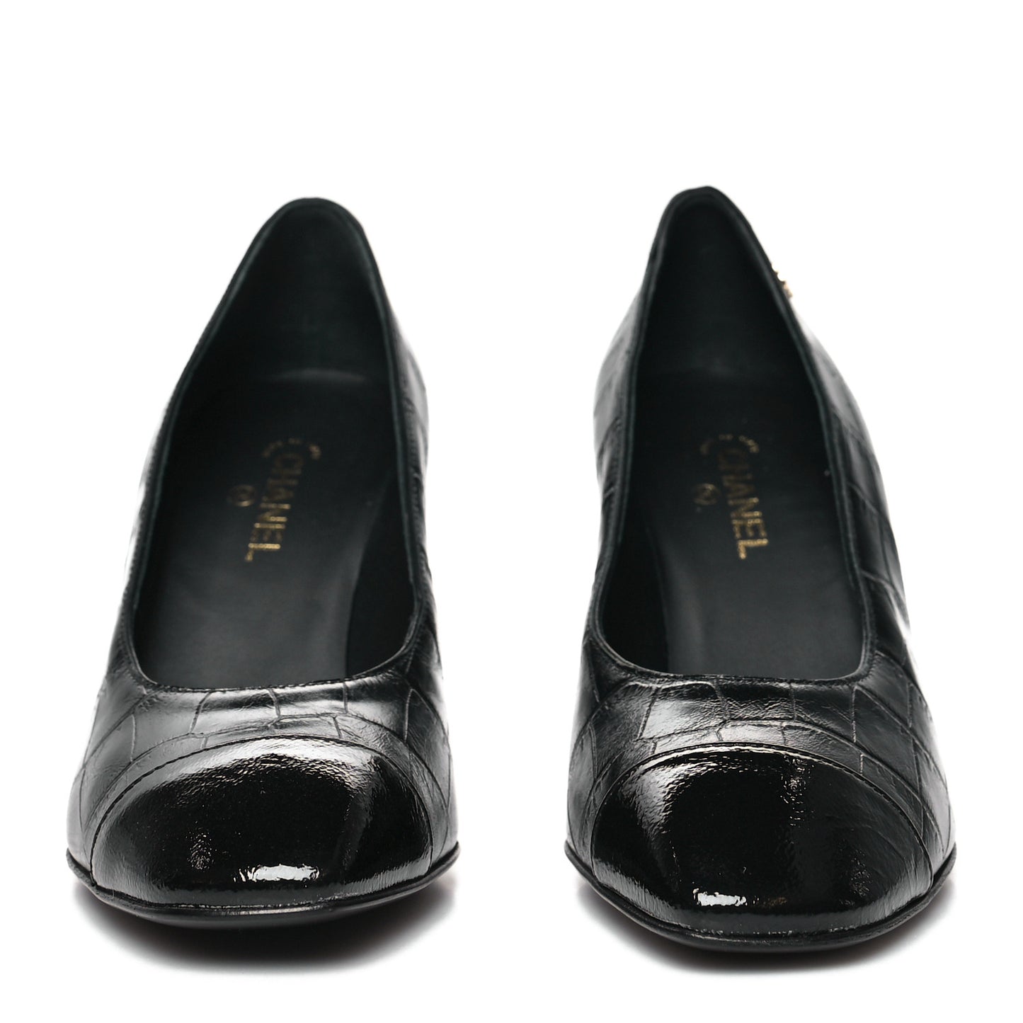 Crocodile Embossed Crumpled Patent Cap Toe Pumps 35.5 Black