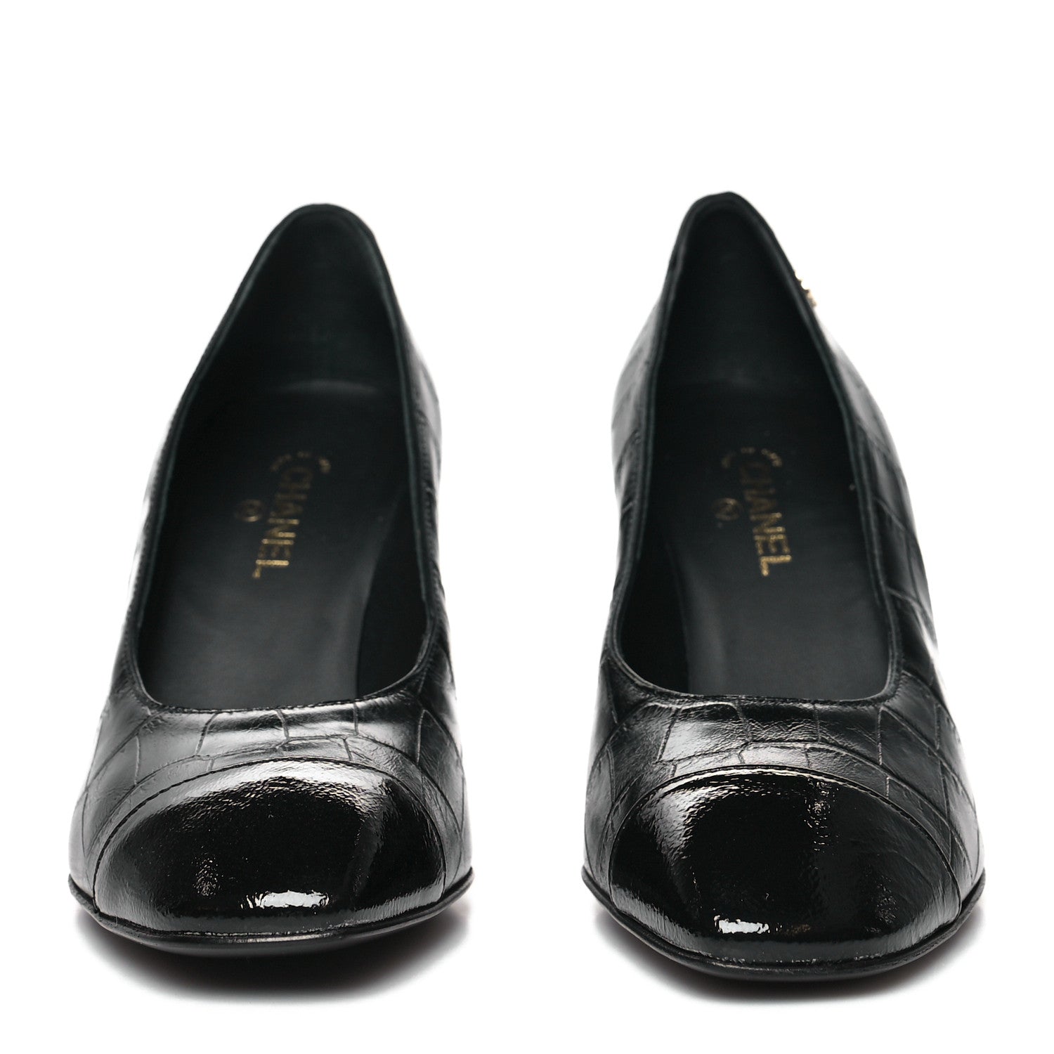 Chanel Crocodile Embossed Crumpled Patent Cap Toe Pumps 35.5 Black 2 of 8