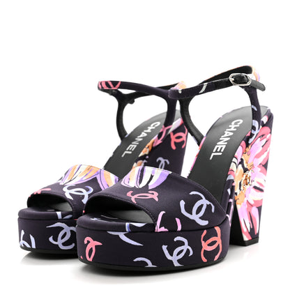Chanel Fabric Printed Crystal Pearl CC Platform Pumps 39 Black Multicolor 3 of 10