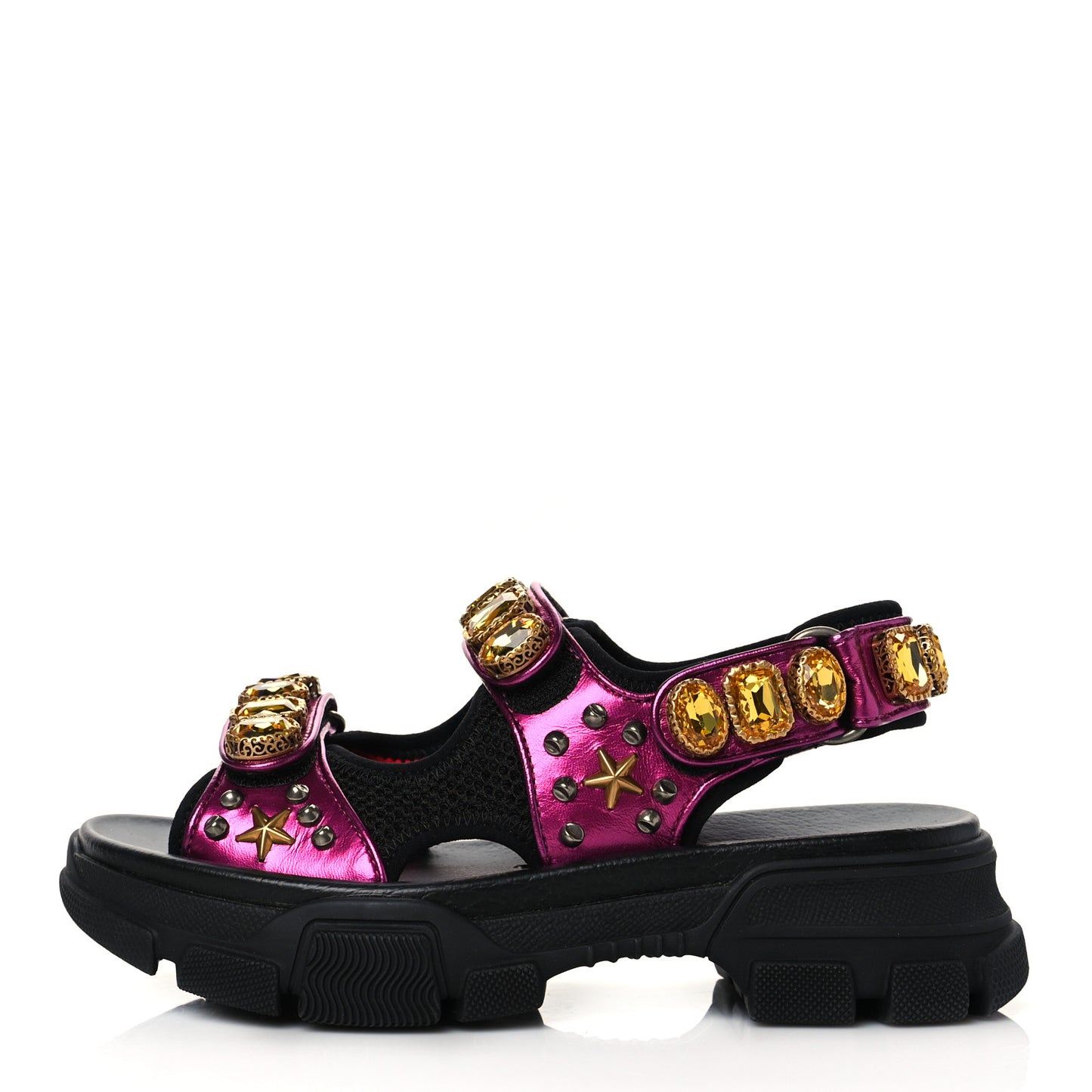 Nappa Mesh Crystal Embellished Studded Womens Aguru Sandals 36.5 Pink Black