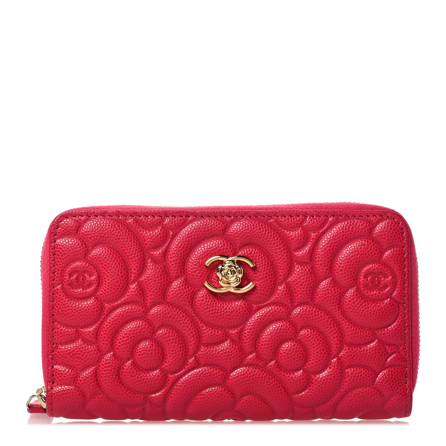 Chanel Caviar Camellia Embossed Medium Zip Around Wallet Fuchsia 1 of 9