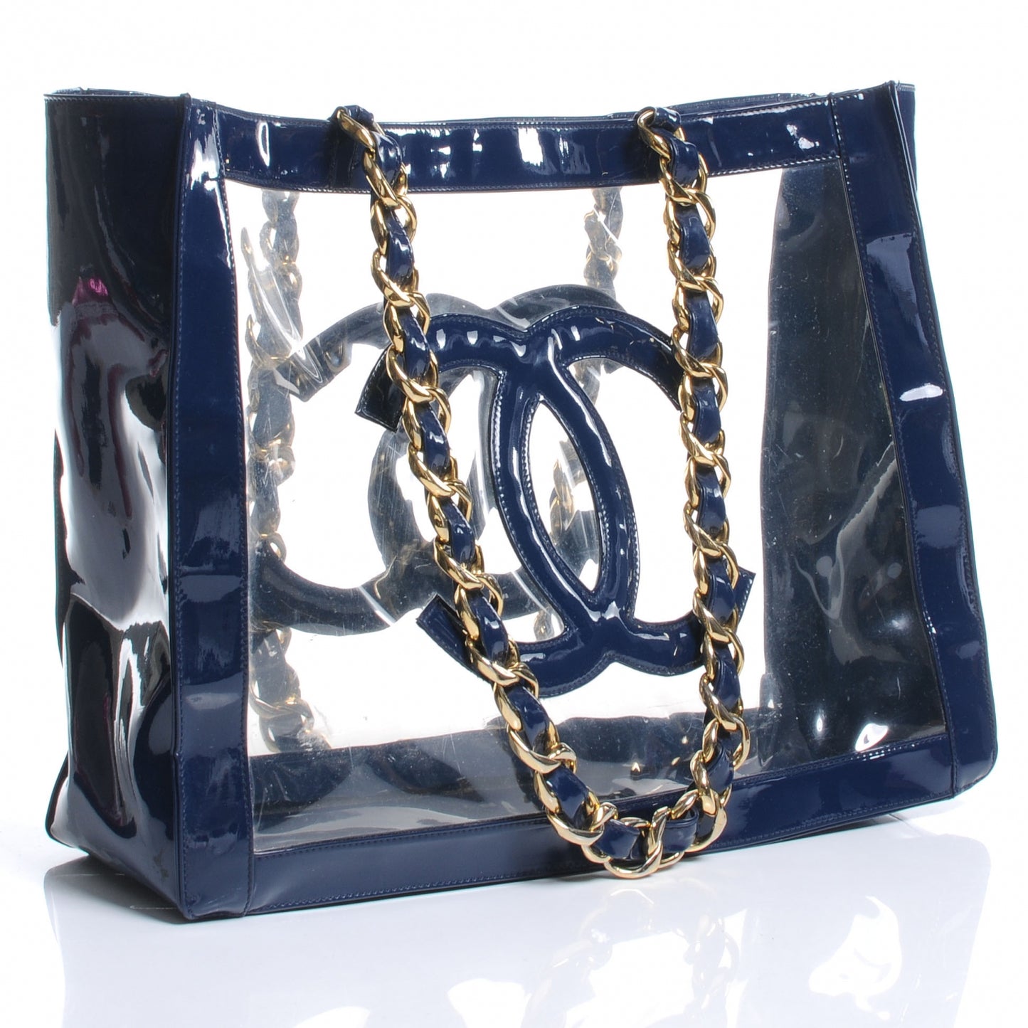 Vinyl Transparent XL Jumbo CC Chain Tote Navy