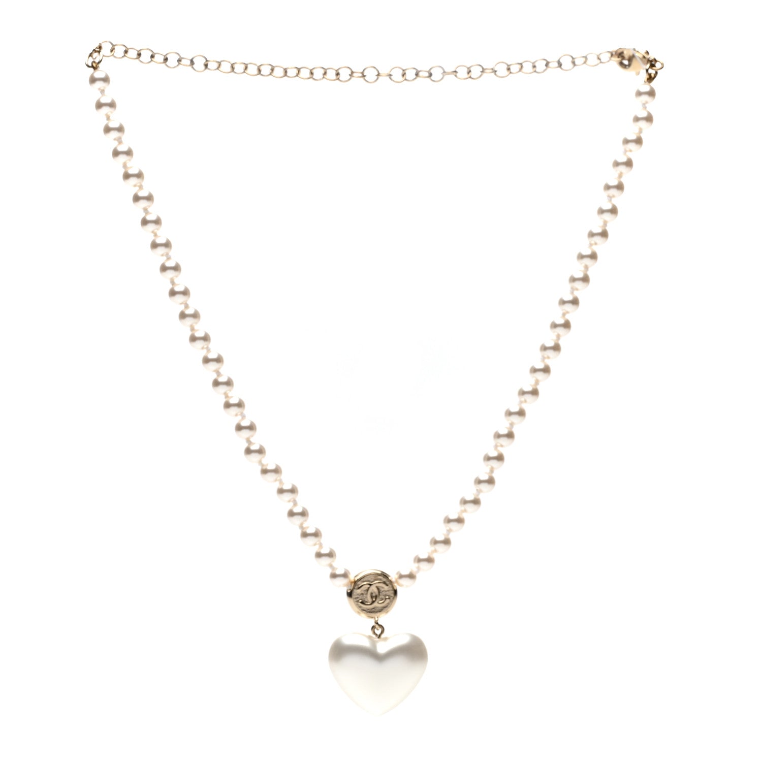 Chanel Pearl Crystal CC Heart Short Necklace Pearly White Gold 3 of 5
