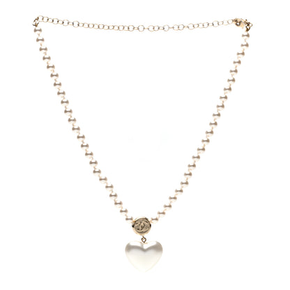 Chanel Pearl Crystal CC Heart Short Necklace Pearly White Gold 3 of 5