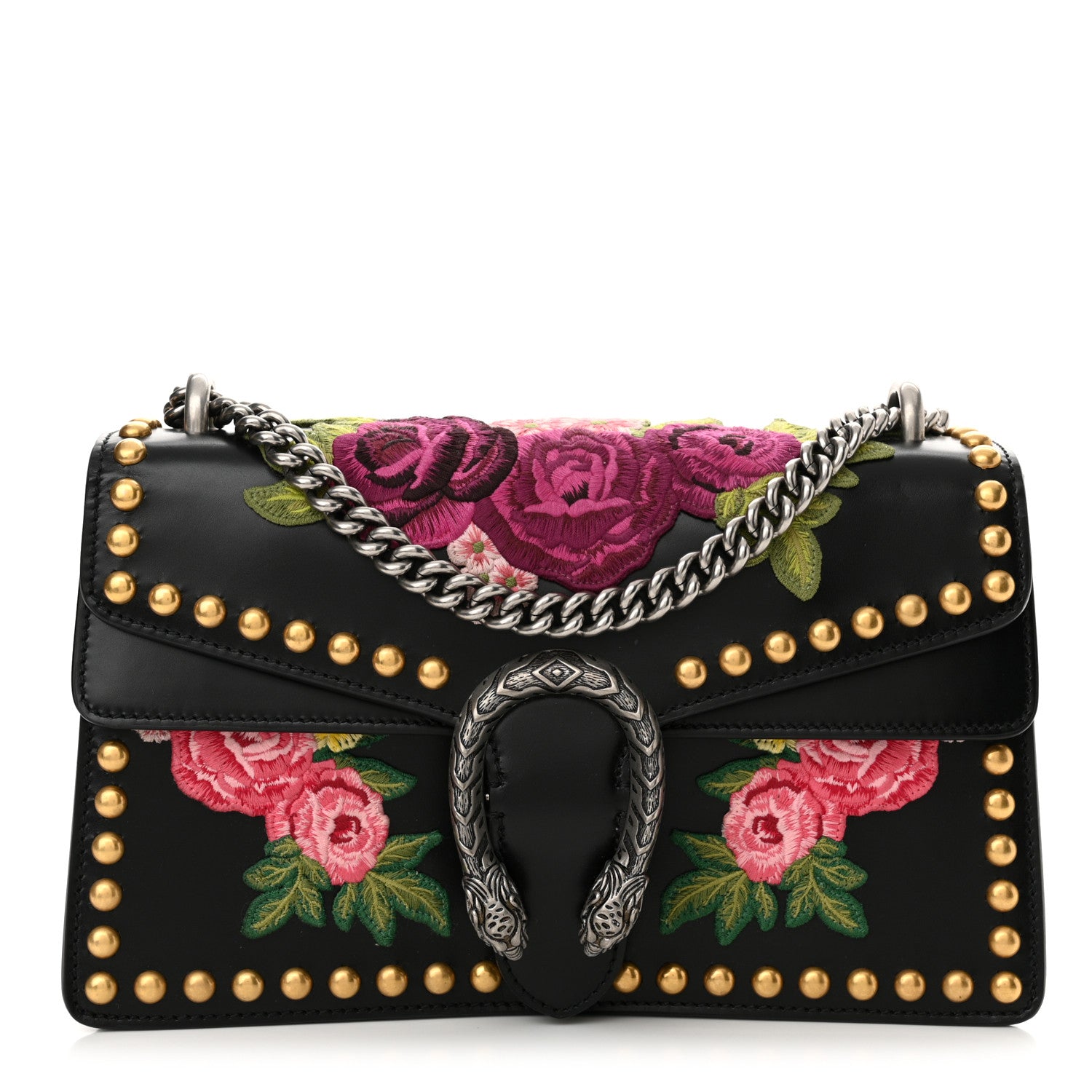 Gucci Calfskin Floral Embroidered Studded Small Dionysus Shoulder Bag Black 1 of 12