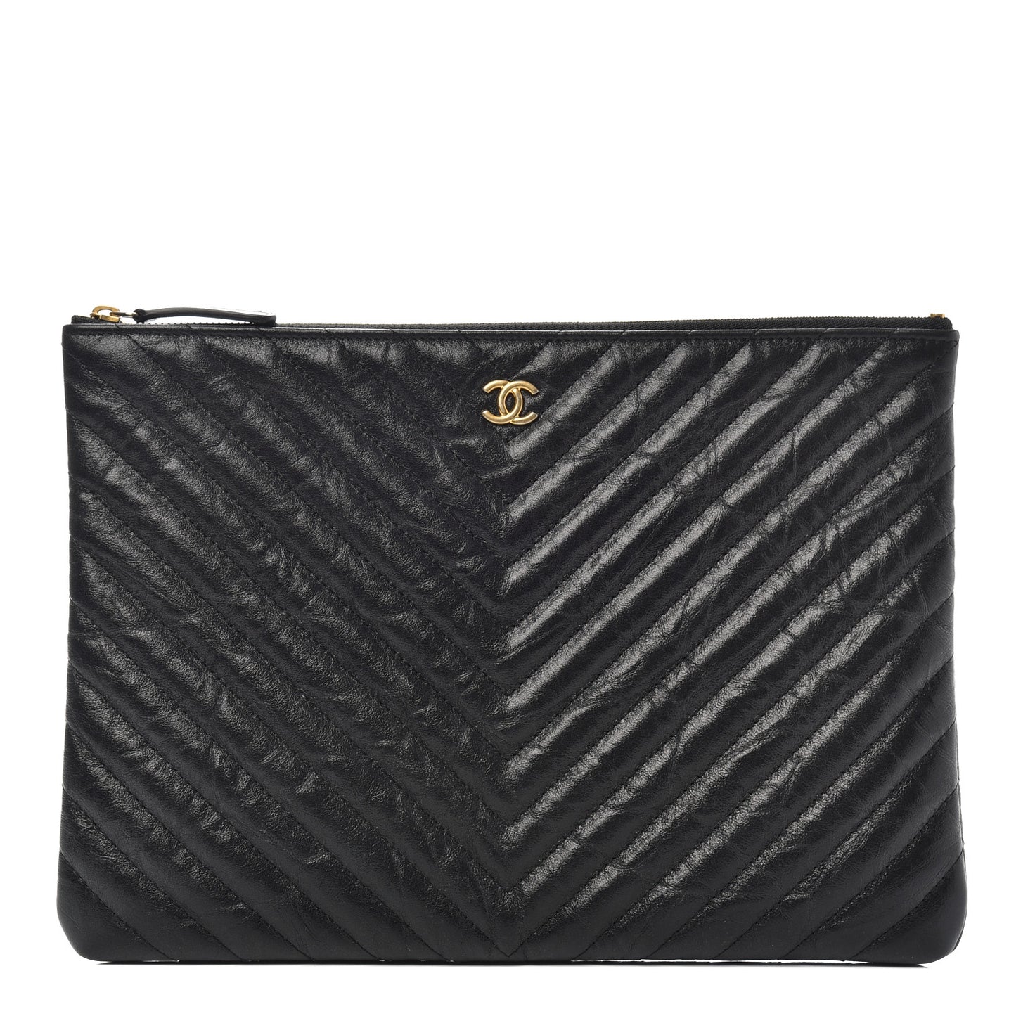Aged Calfskin Chevron Quilted Medium Cosmetic Case Black