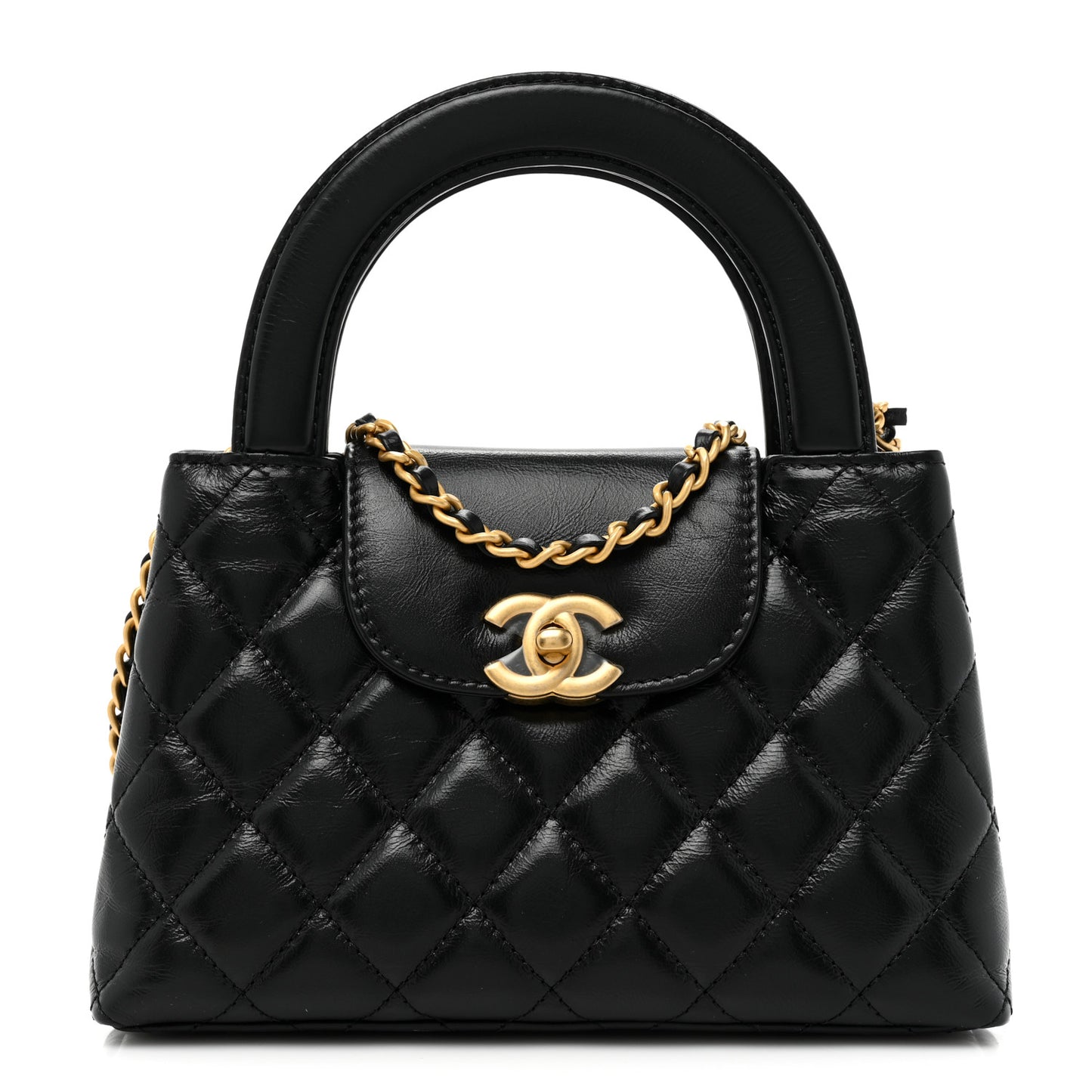Shiny Aged Calfskin Quilted Nano Kelly Shopper Black