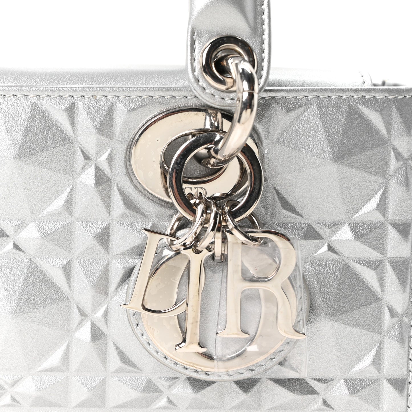 Metallic Calfskin Cannage Diamond Small Lady D-Joy Silver