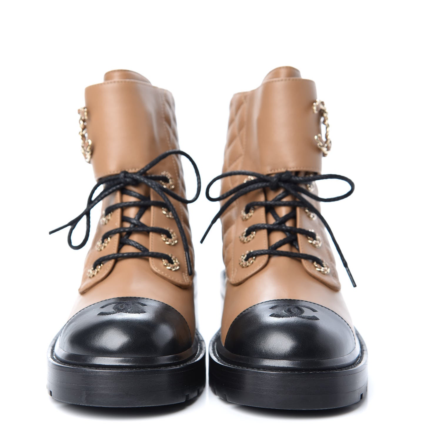 Chanel Lambskin Calfskin Quilted Lace Up Combat Boots 39.5 Light Brown Black 2 of 11