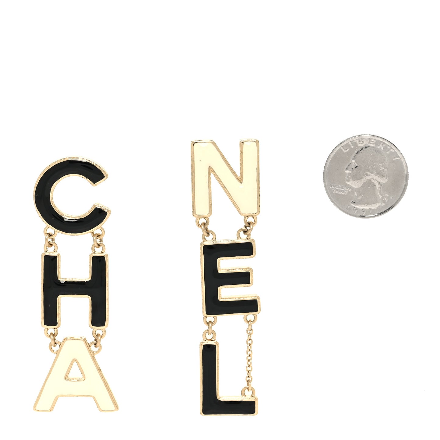 Metal Enamel Cha-Nel Logo Drop Earrings Black White