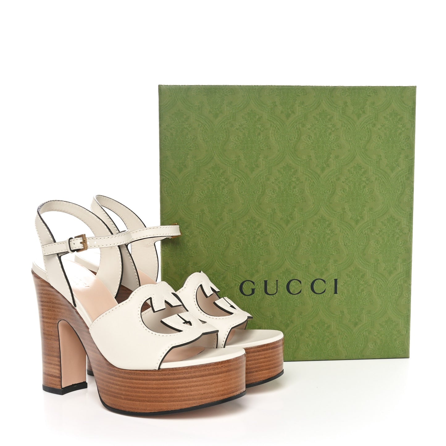 Cosmos Softy Calfskin Wooden Interlocking G Cut-Out 30/120mm Platform Sandals 38 Mystic White