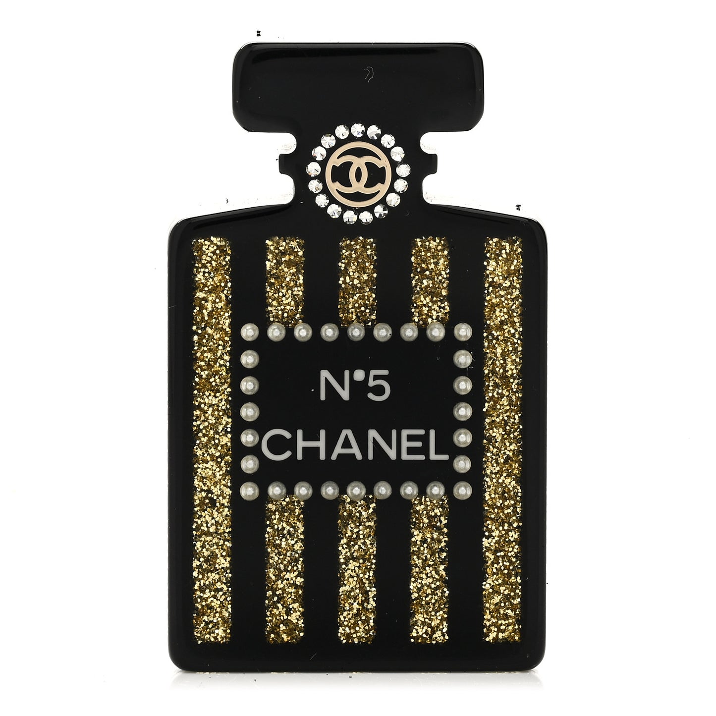 Resin Strass Perfume Bottle CC Brooch Black Gold