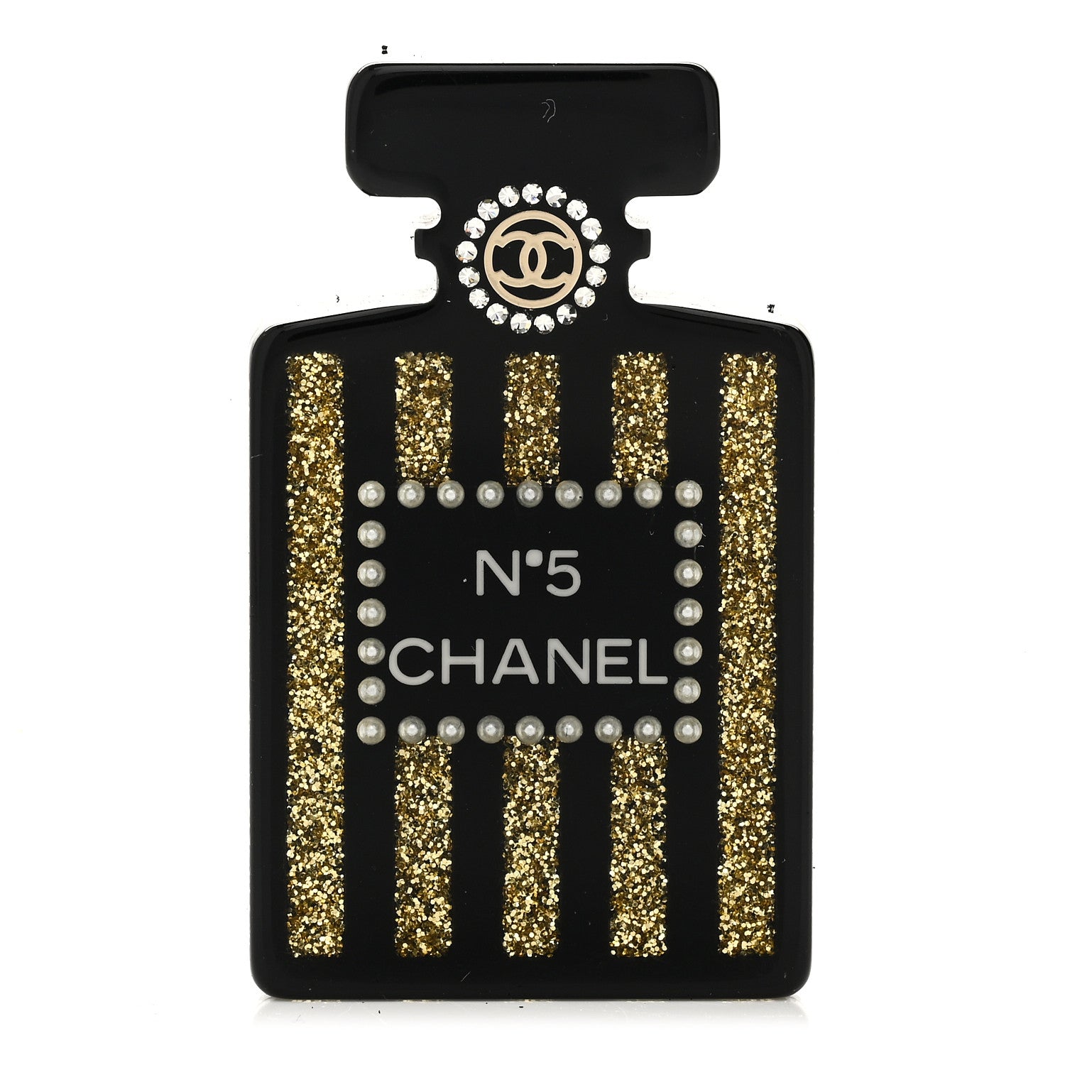 Chanel Resin Strass Perfume Bottle CC Brooch Black Gold 1 of 4