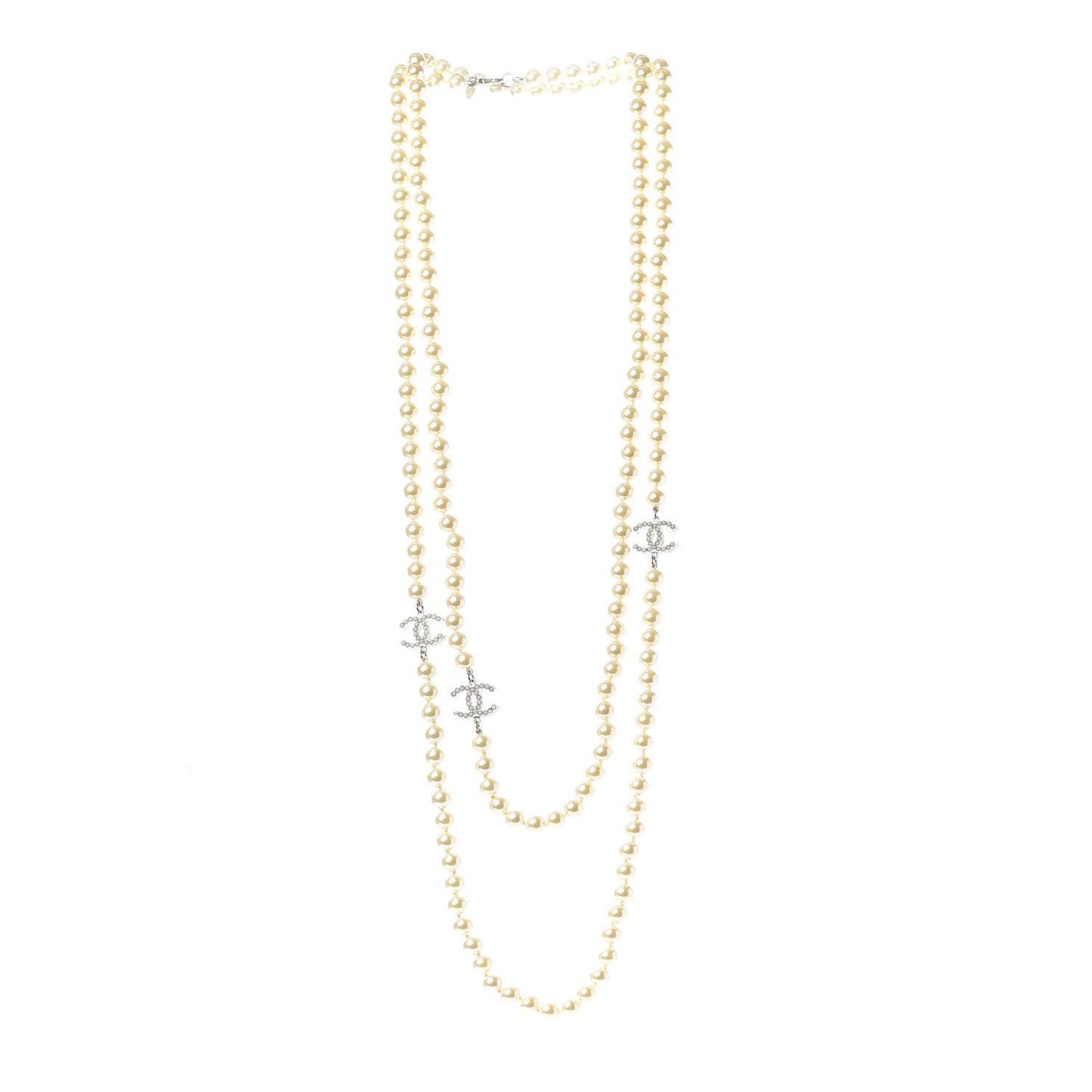 Graduated Pearl CC Long Necklace Silver