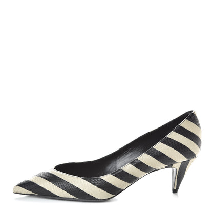 Saint Laurent Elaphe Snakeskin Striped Kiki Kitten Heel Pumps 38.5 Black Off White 1 of 8