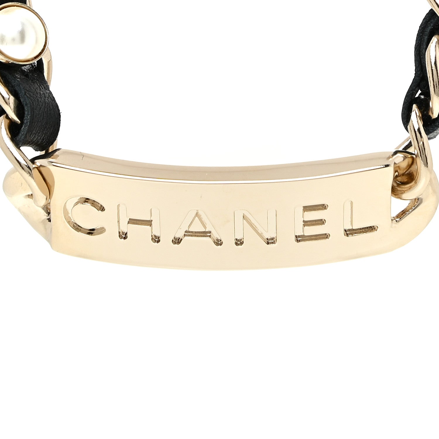 Chanel Metal Lambskin Pearl Name Plate Choker Necklace Black Gold 4 of 5