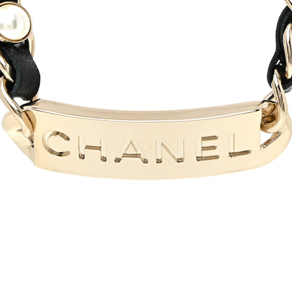 Chanel Metal Lambskin Pearl Name Plate Choker Necklace Black Gold 4 of 5