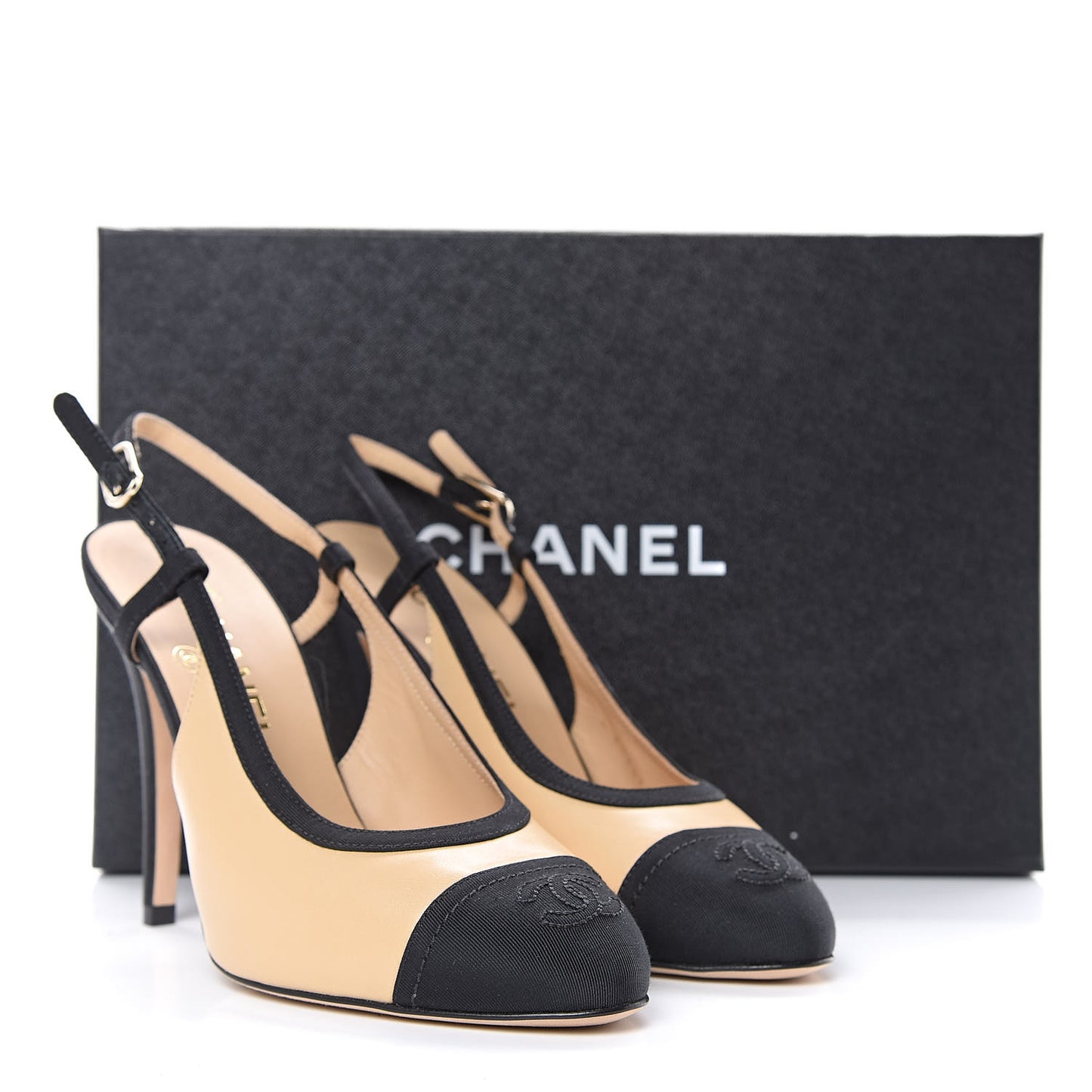 Lambskin Grosgrain Cap Toe CC Slingback Pumps 37 Beige Black