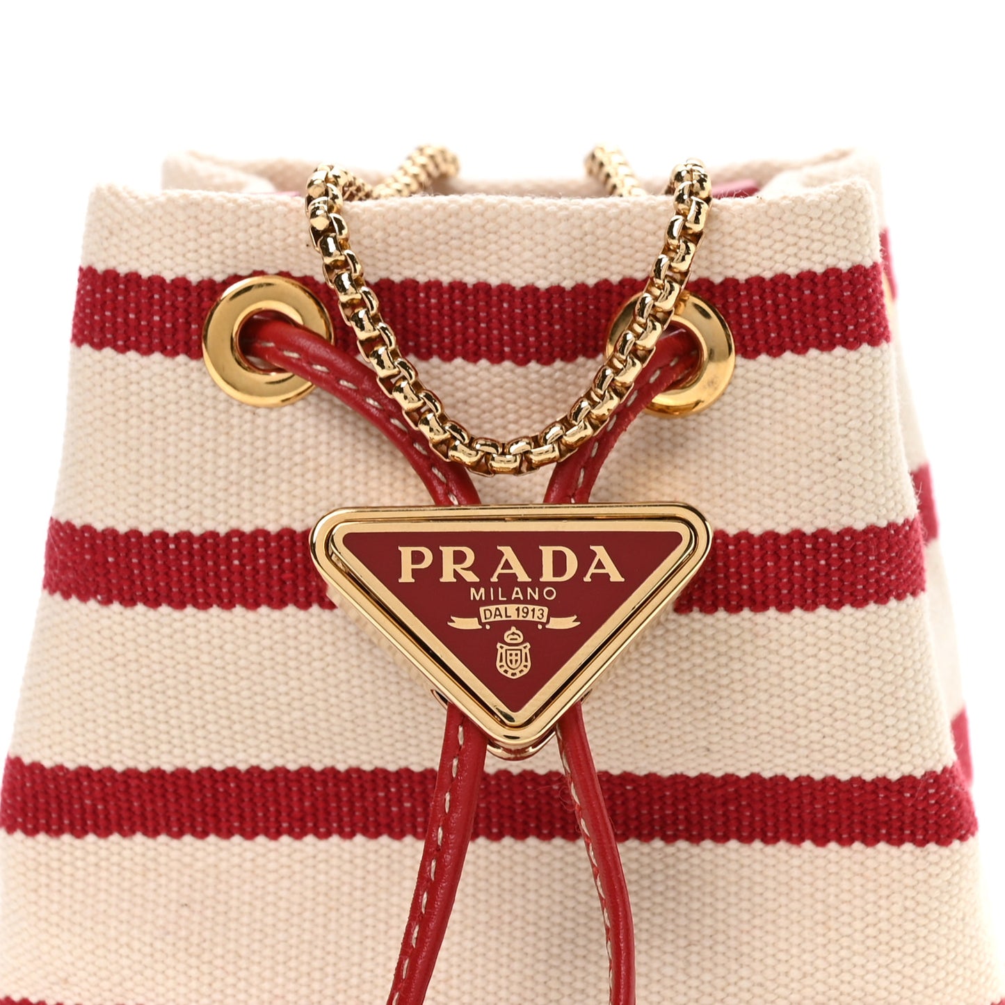 Canvas Stripe Metal Triangle Logo Mini Drawcord Pouch Shoulder Bag Avorio Rosso
