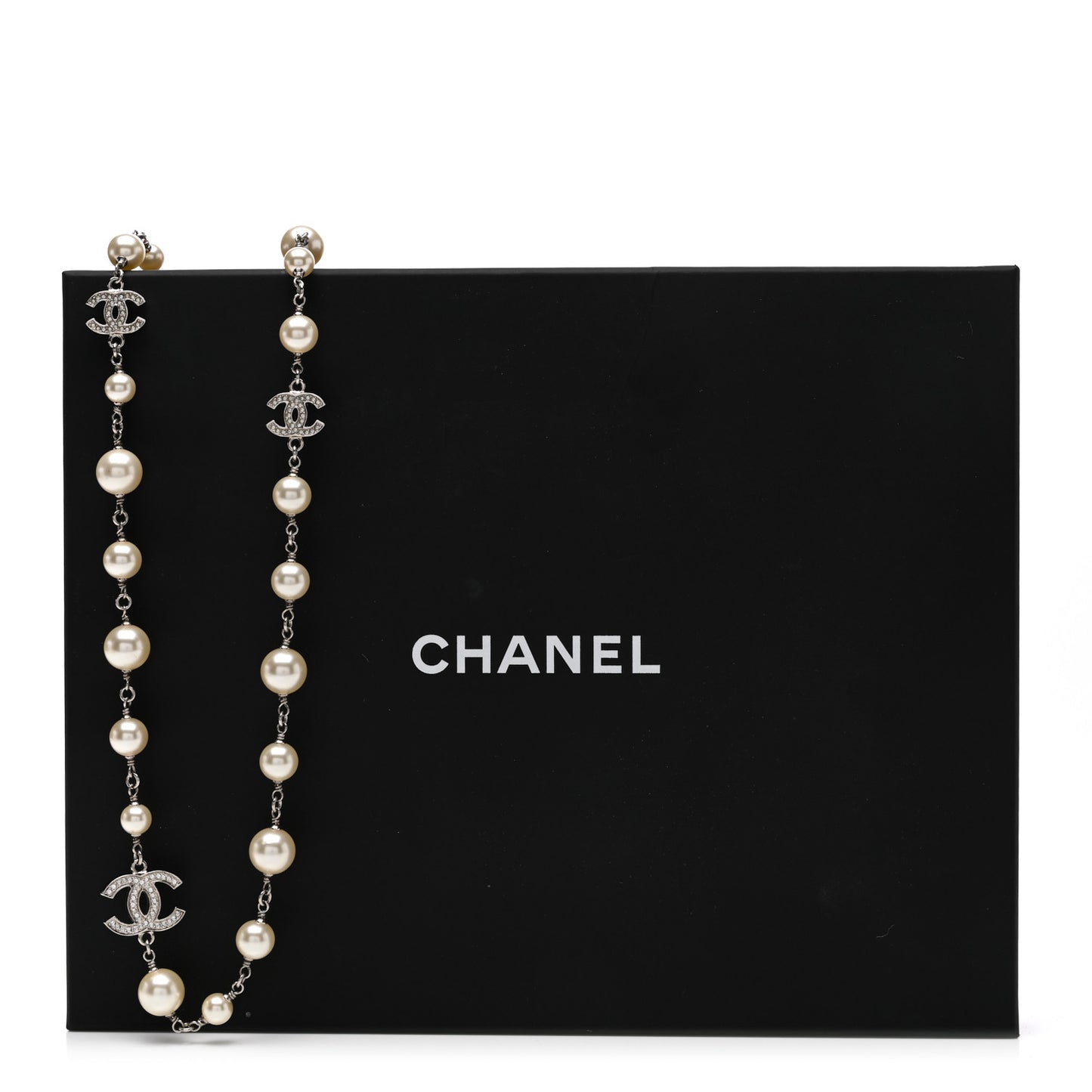 Graduated Pearl Crystal CC Long Necklace Silver