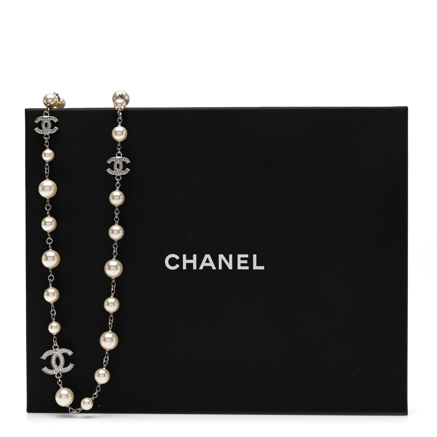 Chanel Graduated Pearl Crystal CC Long Necklace Silver 7 of 7