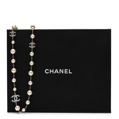 Chanel Graduated Pearl Crystal CC Long Necklace Silver 7 of 7