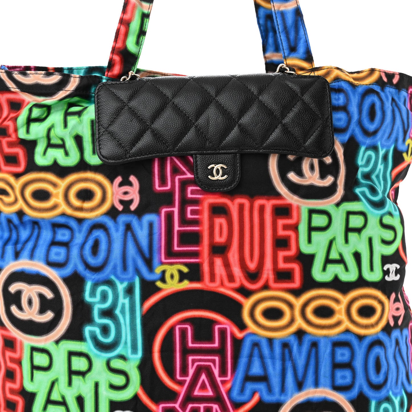 Caviar Fabric Graffiti Foldable Tote Bag With Chain Black Multicolor