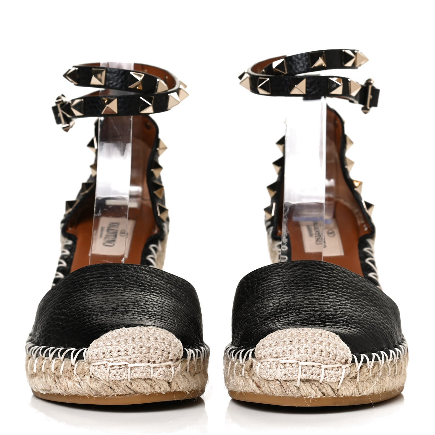 Grained Calfskin Rockstud Ankle Wrap Espadrille 15/85mm Wedges 35 Black Light Cuir