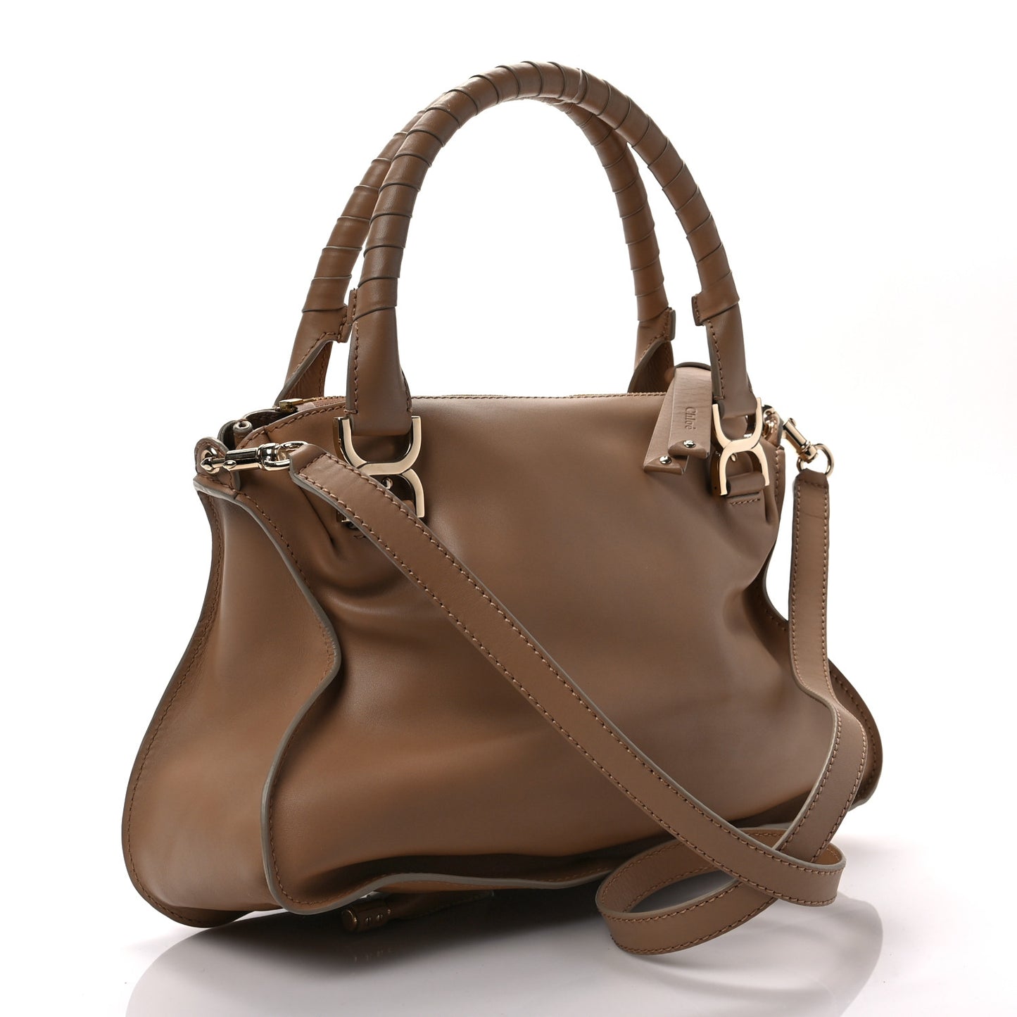 Smooth Calfskin Medium Marcie Metal Bar Trim Satchel Beige