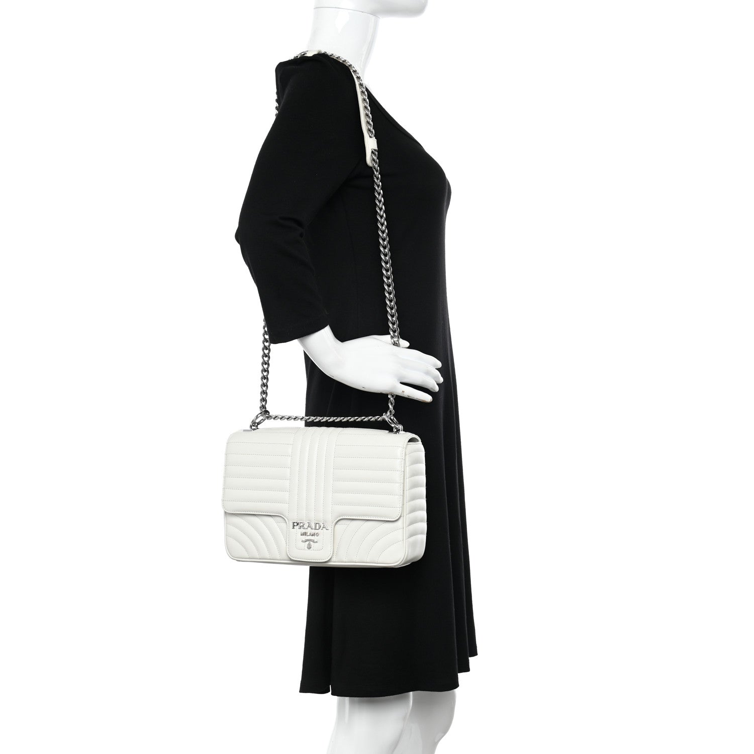Prada Soft Calfskin Impunture Diagramme Large Chain Flap Shoulder Bag White 2 of 10