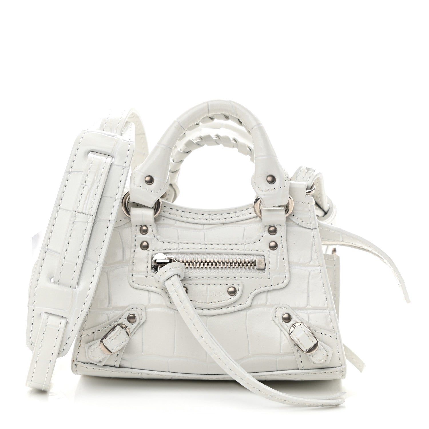 Balenciaga Extra Supple Calfskin Crocodile Embossed Neo Classic Silver Hardware Super Nano City Crossbody White 1 of 10
