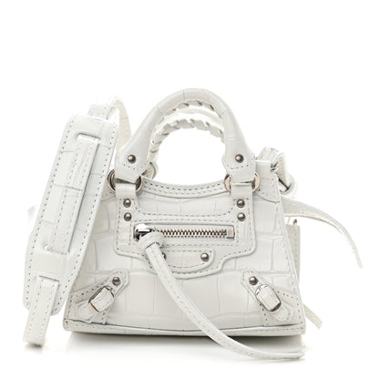 Balenciaga Extra Supple Calfskin Crocodile Embossed Neo Classic Silver Hardware Super Nano City Crossbody White 1 of 10