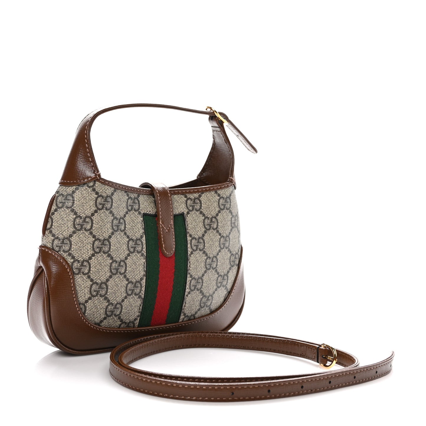 GG Supreme Monogram Azalea Calfskin Web Mini Jackie 1961 Hobo Beige Ebony Brown Sugar