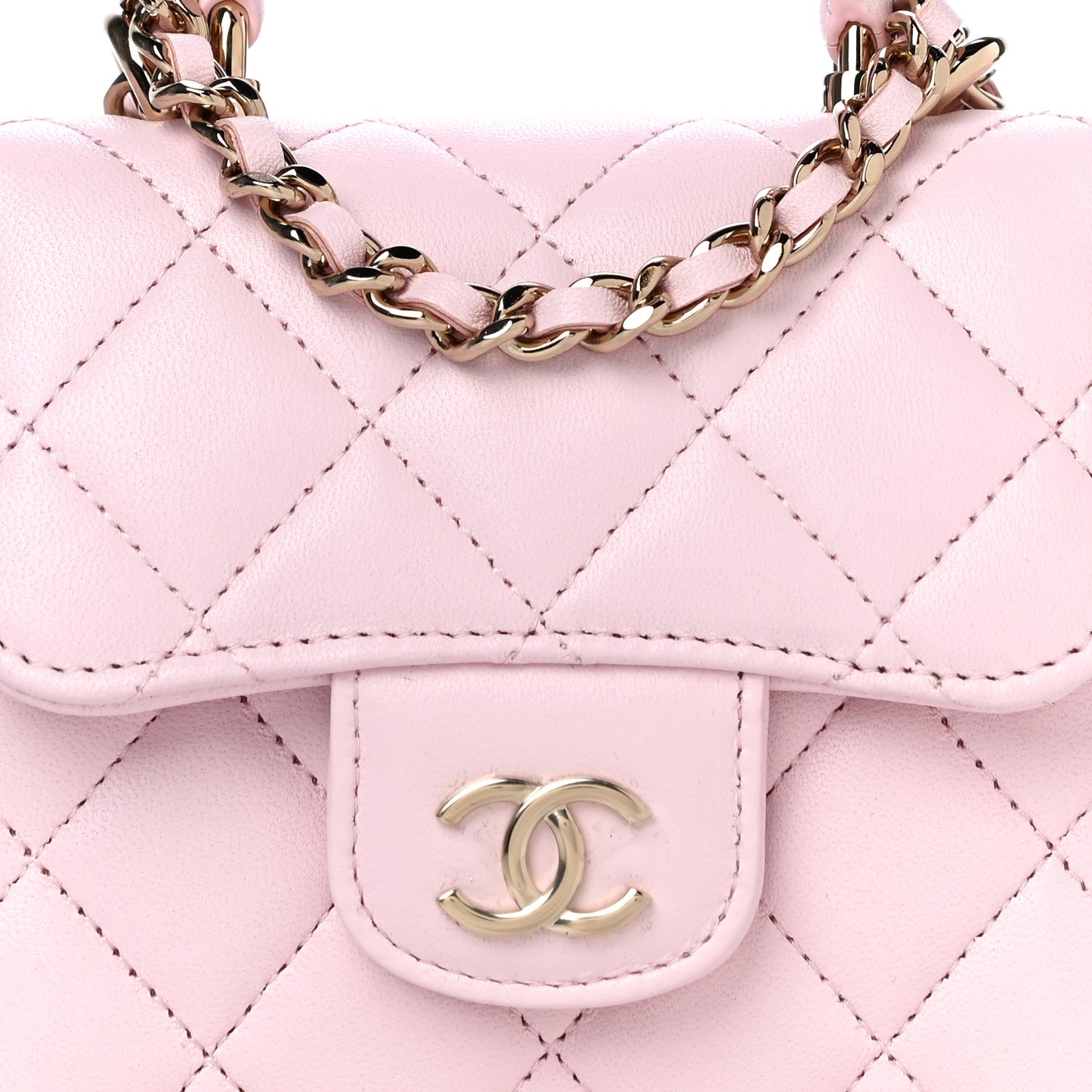 Lambskin Quilted Top Handle Clutch With Chain Light Pink