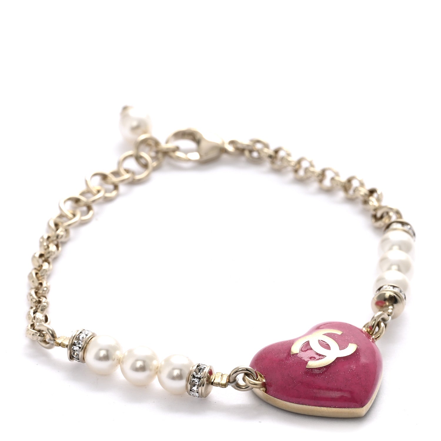 Chanel Resin Crystal Pearl Chain Heart CC Bracelet Pink White Gold 1 of 5