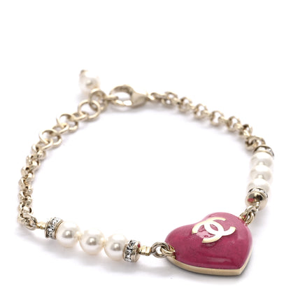 Chanel Resin Crystal Pearl Chain Heart CC Bracelet Pink White Gold 1 of 5