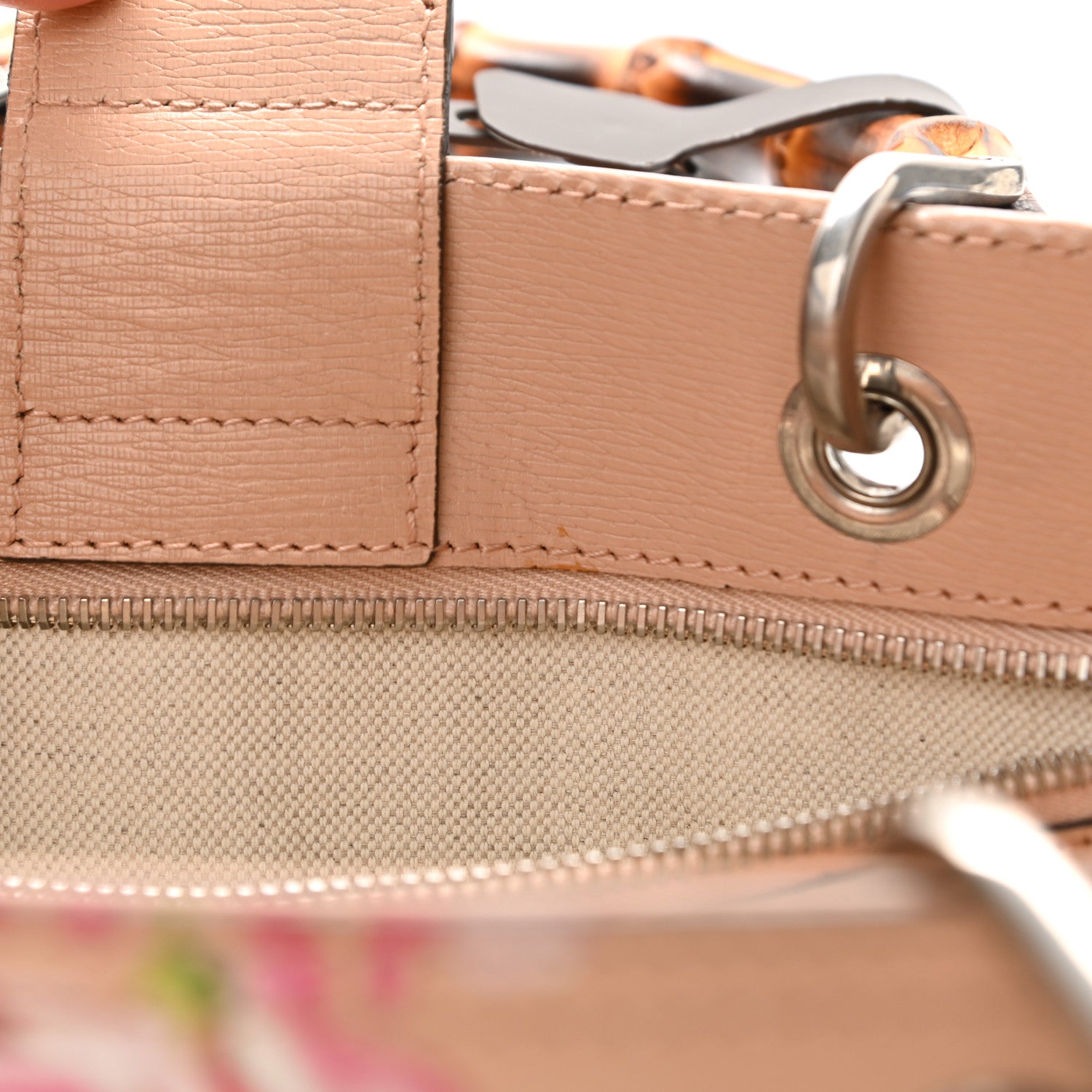 Gucci Shangai Calfskin Blooms Print Medium Bamboo Shopper Tote Pink Apricot Multicolor 15 of 15