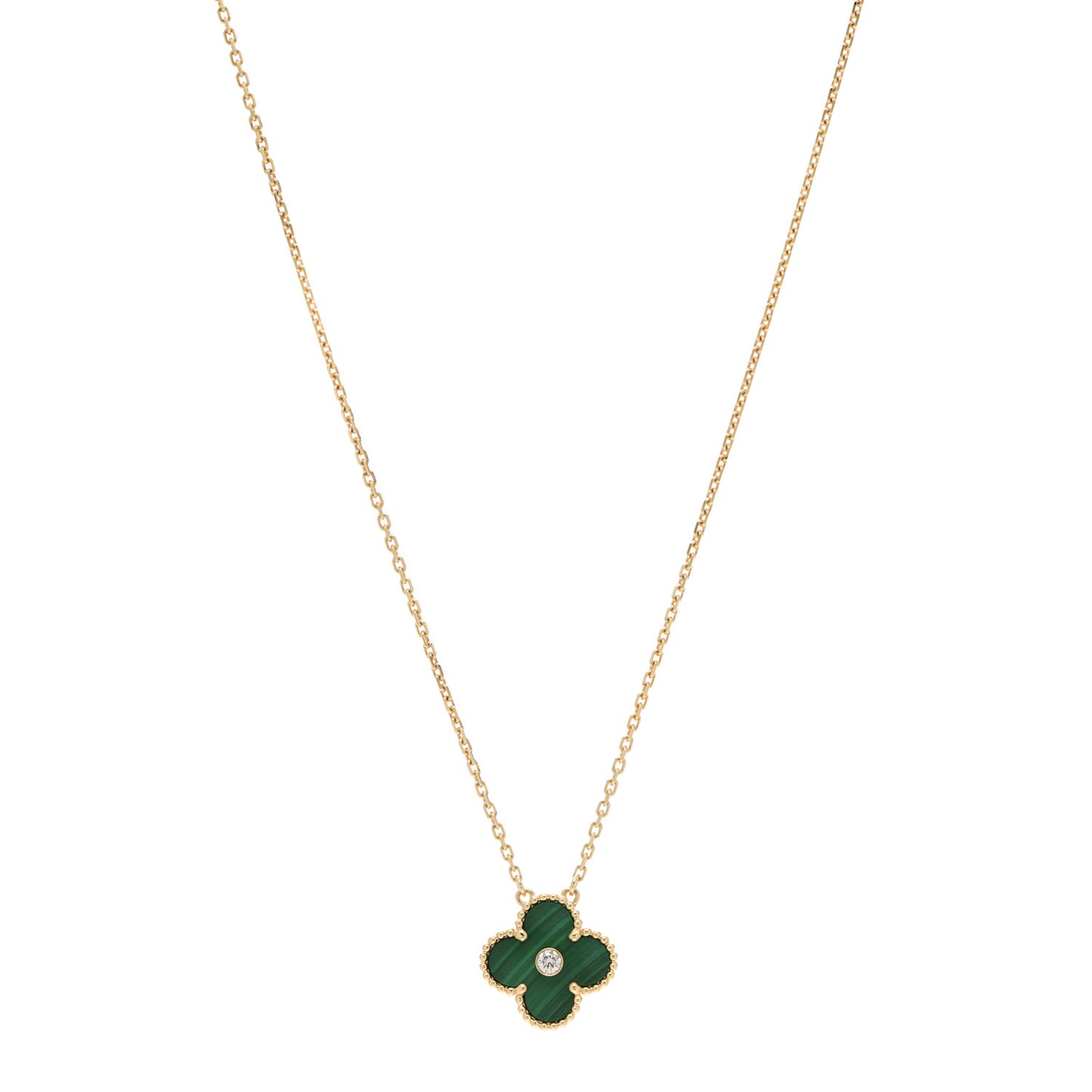 18K Yellow Gold Diamond Malachite Vintage Alhambra Pendant Necklace