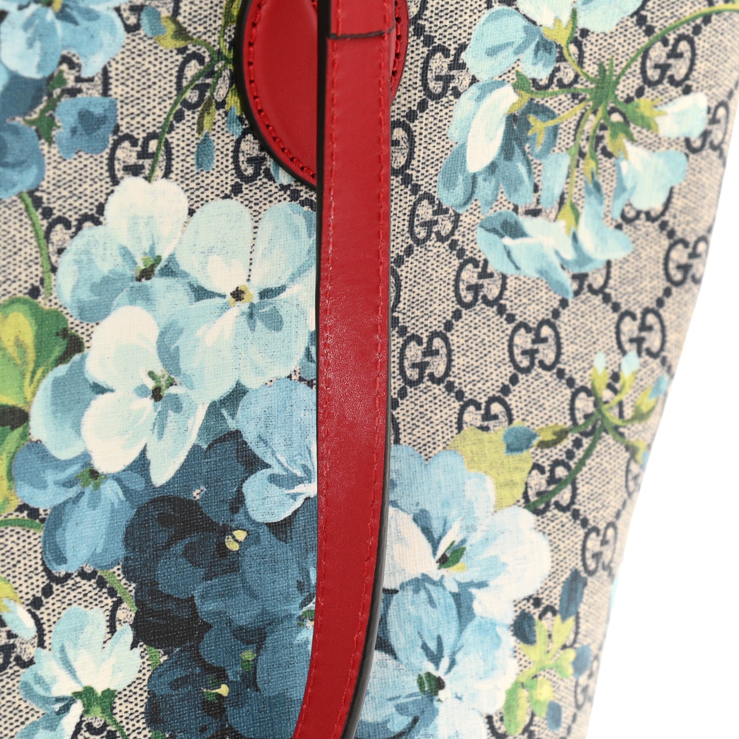 GG Supreme Monogram Blooms Medium Zippered Bucket Tote Beige Blue Navy Hibiscus Red