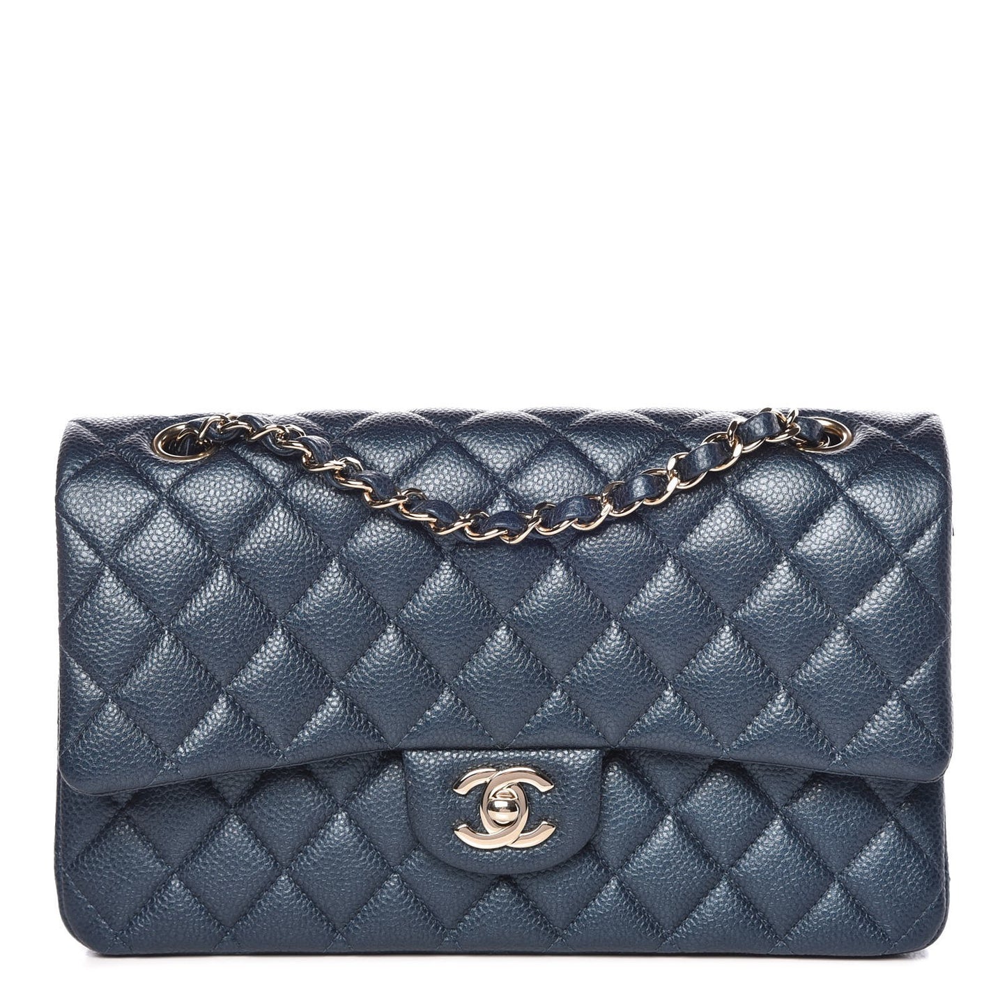 Metallic Caviar Quilted Medium Double Flap Dark Blue
