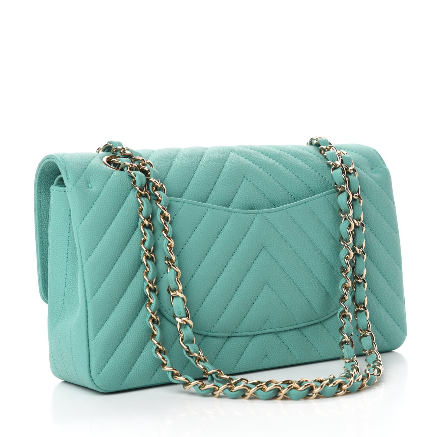 Caviar Flat Chevron Quilted Medium Double Flap Green