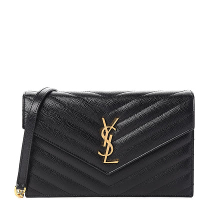 Saint Laurent Grain De Poudre Matelasse Chevron Monogram Envelope Chain Wallet Black 1 of 11