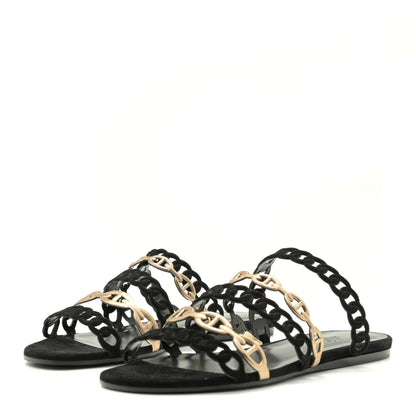 Hermes Metallic Nappa Suede Chaine d'Ancre Nude Sandals 37.5 Black Champagne 3 of 13