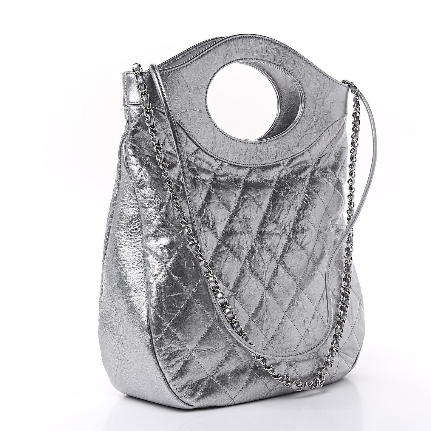 Metallic Crumpled Calfskin Small 31 Shopping Bag Silver
