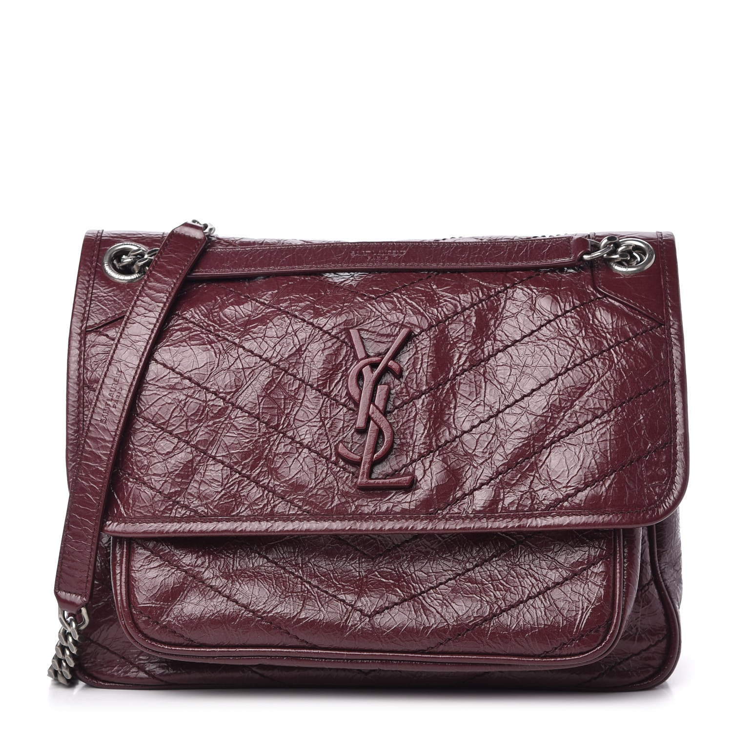 Saint Laurent Crinkled Calfskin Matelasse Monogram Medium Niki Chain Satchel Burgundy 1 of 10