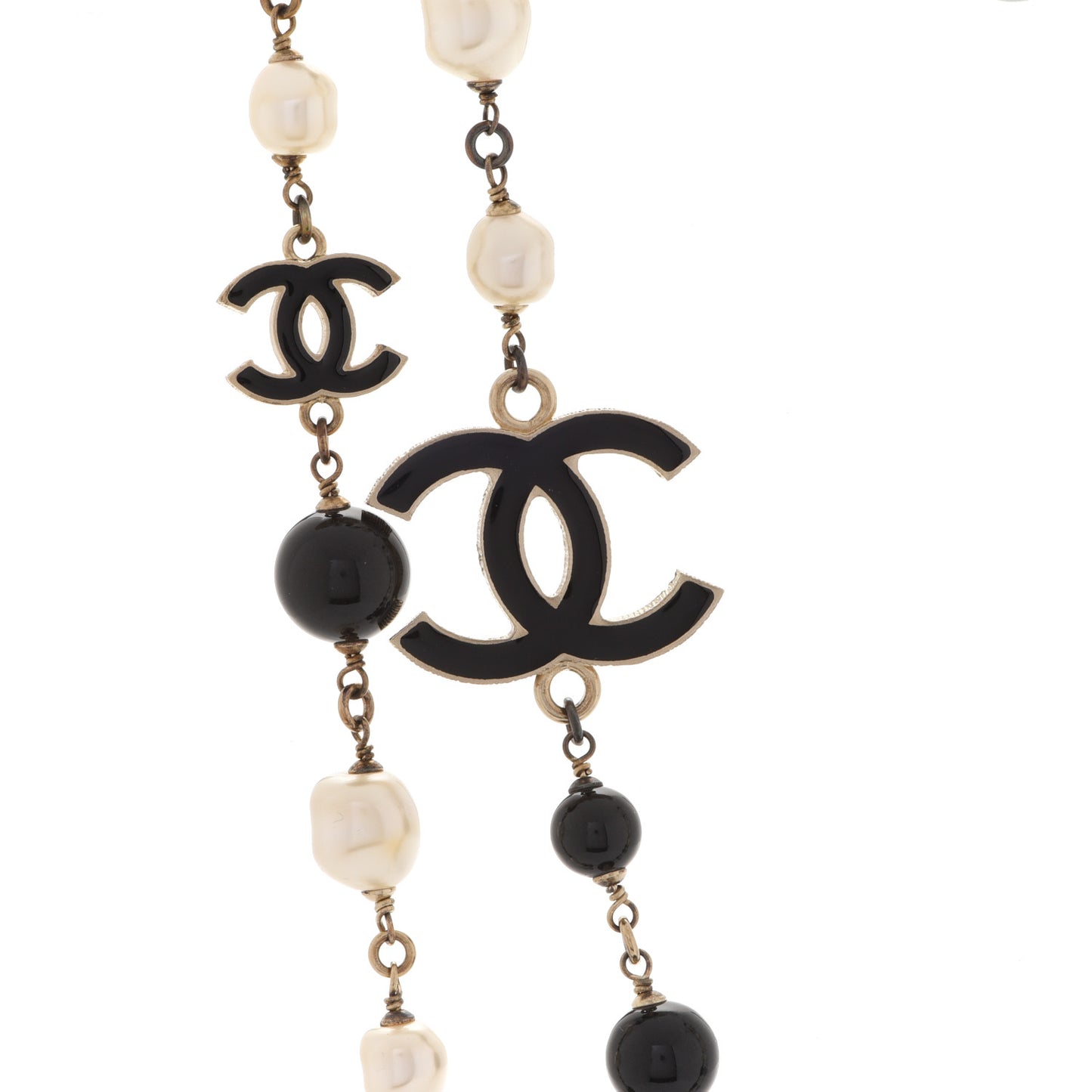 Pearl Bead Enamel CC Long Necklace Black Light Gold