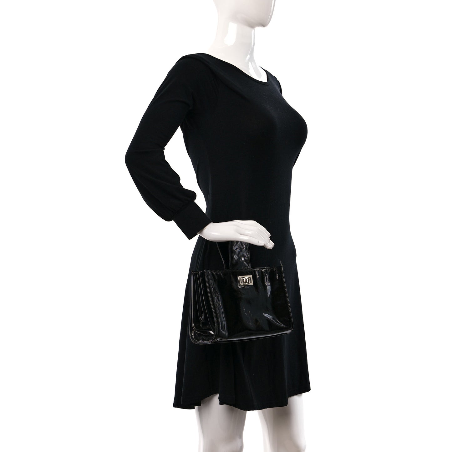 Patent Mademoiselle Lock Convertible Wrist Clutch Bag Black