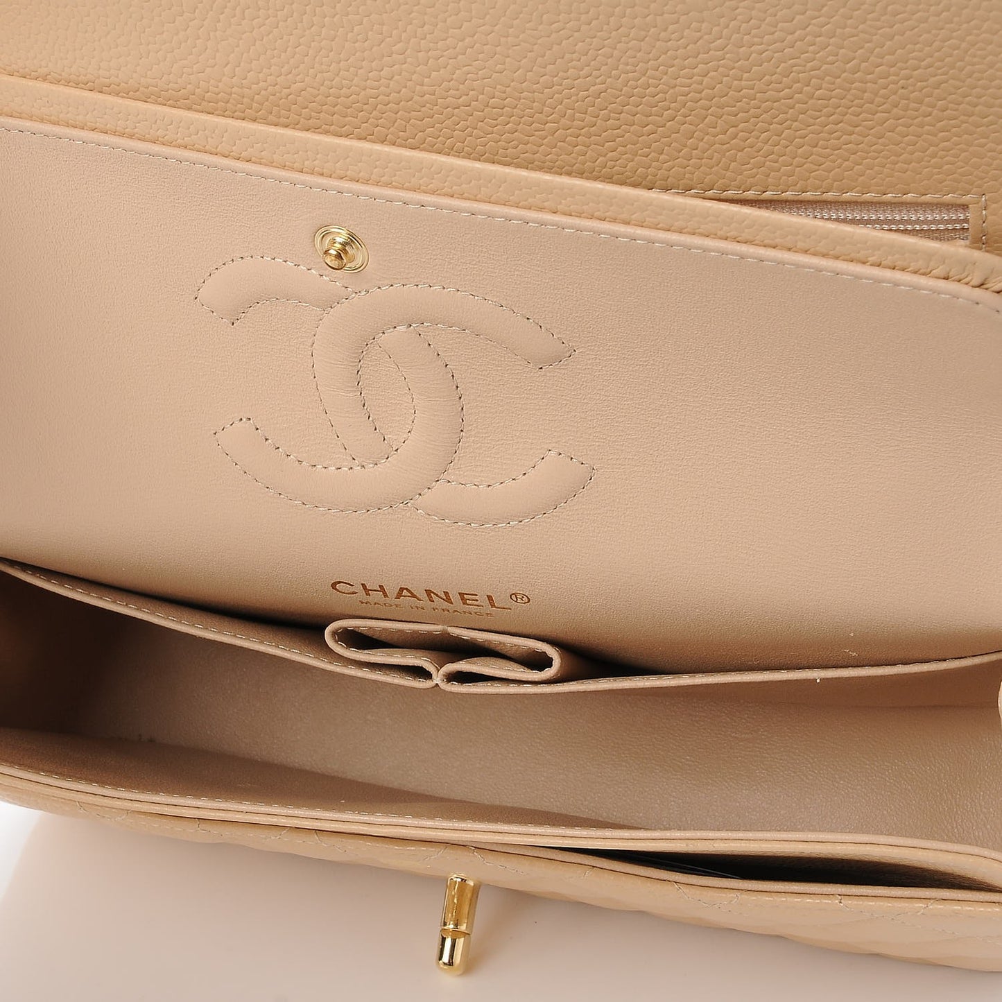Caviar Quilted Medium Double Flap Beige